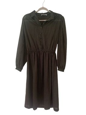 ⁠Vintage Melissa Lane Pinstripe Midi Shirt Dress Sheer Dark Academia M⁠